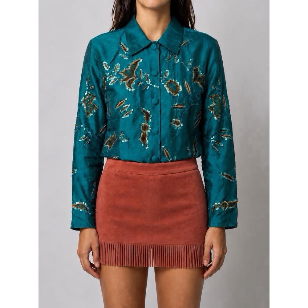 Vintage Chadwicks 100% Silk Teal Blue Sequin Beaded Embroidered Jacket Shacket 6